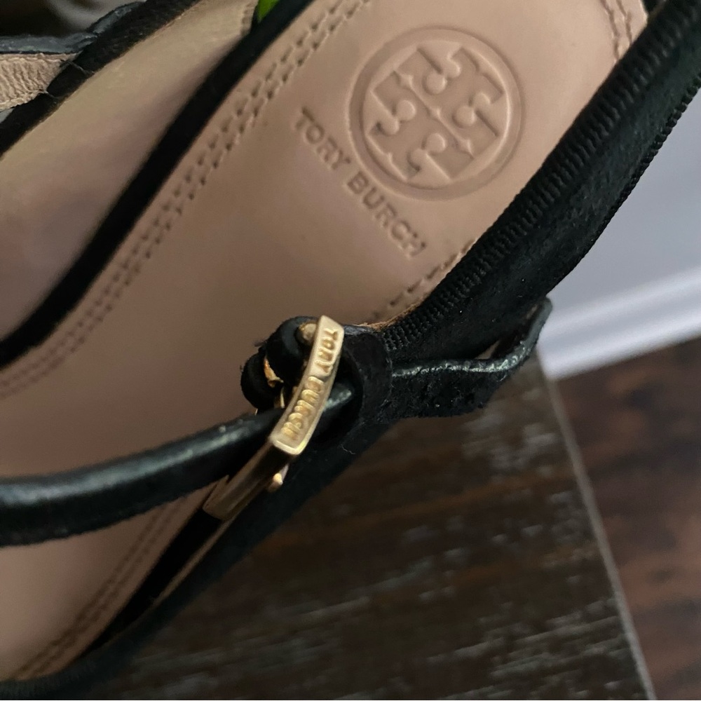 Tory Burch Ollie Black Suede Platform Wedge Slingback Heel Sandals Womens 8 M - Picture 13 of 15